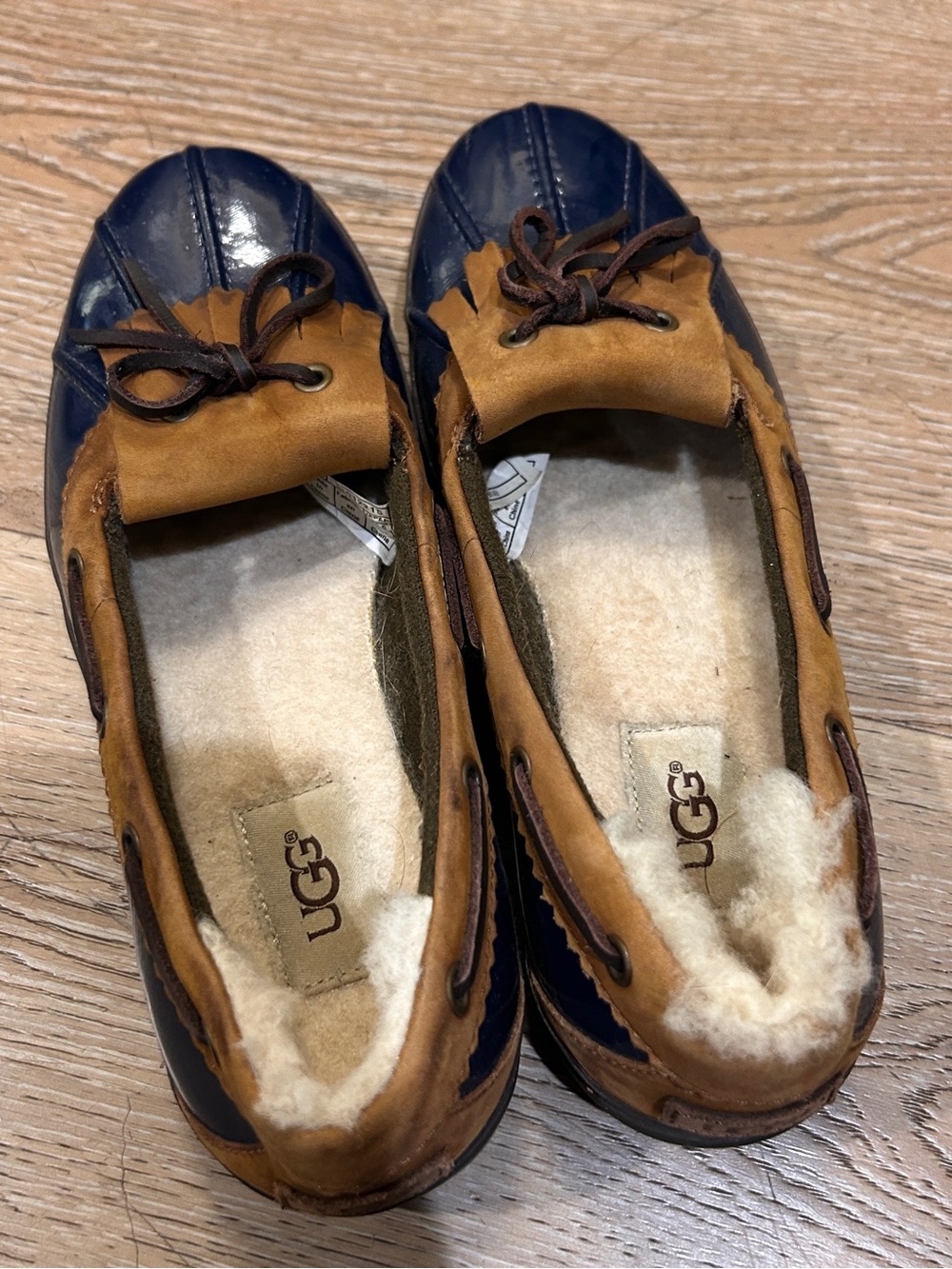 UGG Kids Navy and Chestnut Shearling-Lined Moccasin Slippers